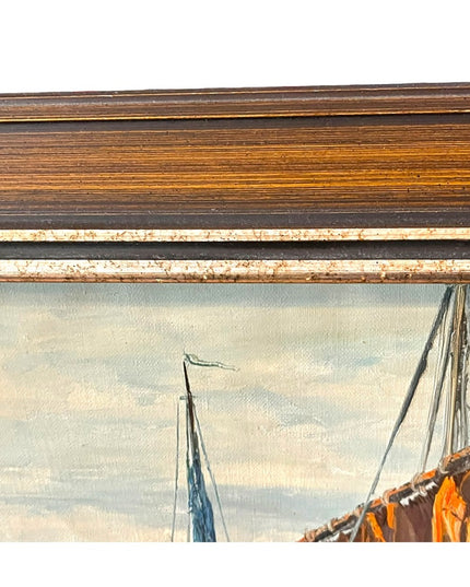 Vintage Nautical Oil Painting on Canvas Signed ROBERTO Sail boats Mid Century