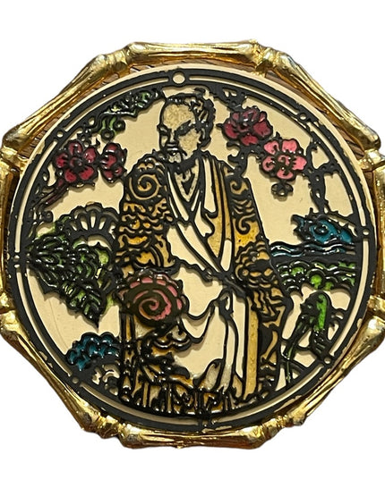 Vintage 1971 Janmax Gold finish Confuciois Chinese brooch handpainted figural
