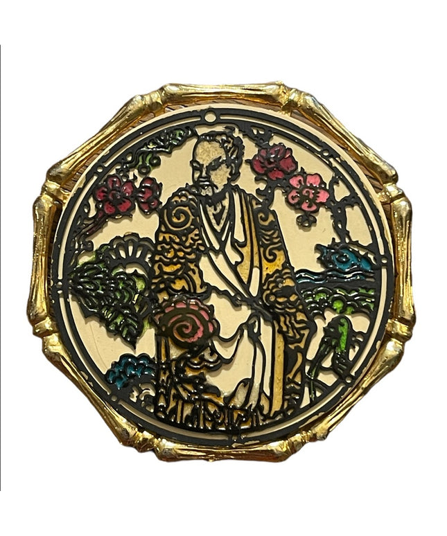 Vintage 1971 Janmax Gold finish Confuciois Chinese brooch handpainted figural