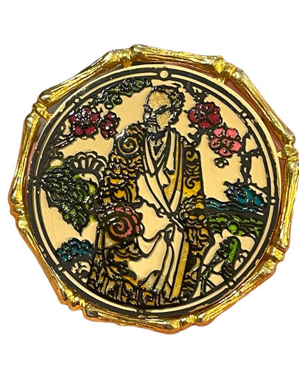 Vintage 1971 Janmax Gold finish Confuciois Chinese brooch handpainted figural
