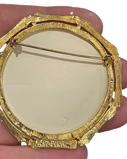 Vintage 1971 Janmax Gold finish Confuciois Chinese brooch handpainted figural