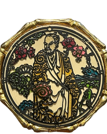 Vintage 1971 Janmax Gold finish Confuciois Chinese brooch handpainted figural