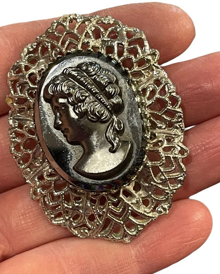 Large Vintage black glass hematite cameo silver finish brooch ornate filagree