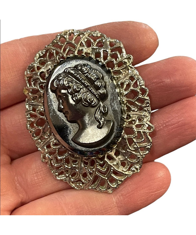 Large Vintage black glass hematite cameo silver finish brooch ornate filagree