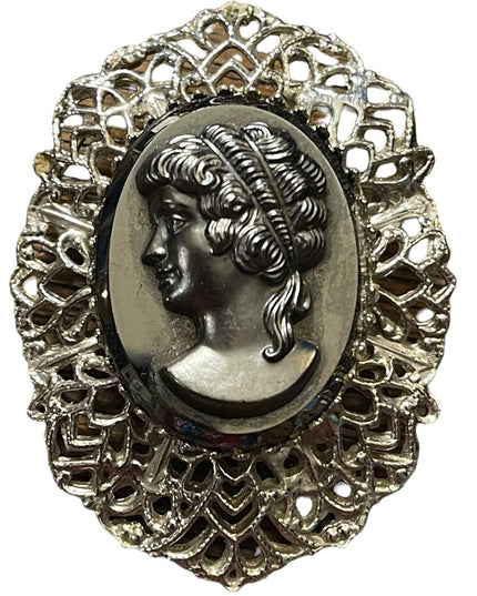 Large Vintage black glass hematite cameo silver finish brooch ornate filagree