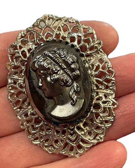 Large Vintage black glass hematite cameo silver finish brooch ornate filagree