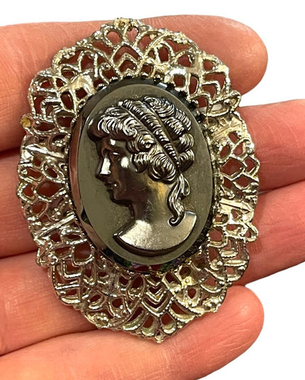 Large Vintage black glass hematite cameo silver finish brooch ornate filagree