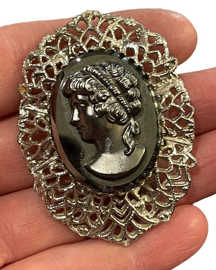 Large Vintage black glass hematite cameo silver finish brooch ornate filagree