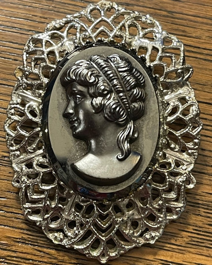 Large Vintage black glass hematite cameo silver finish brooch ornate filagree
