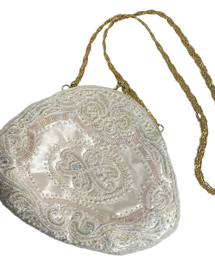 Lovely vintage white pastel pink & white micro bead purse gold shoulder strap
