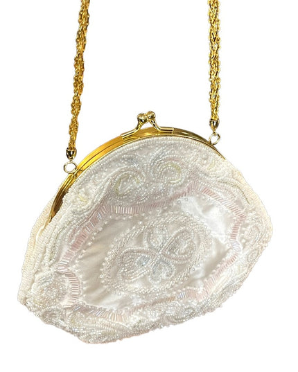Lovely vintage white pastel pink & white micro bead purse gold shoulder strap
