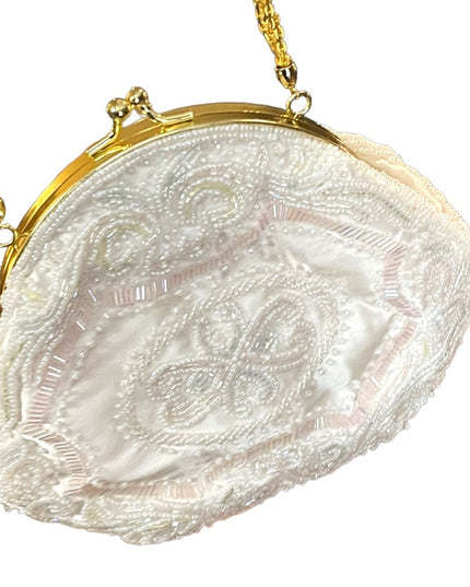 Lovely vintage white pastel pink & white micro bead purse gold shoulder strap