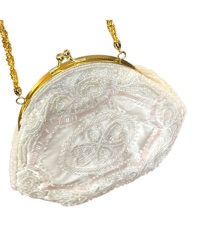 Lovely vintage white pastel pink & white micro bead purse gold shoulder strap