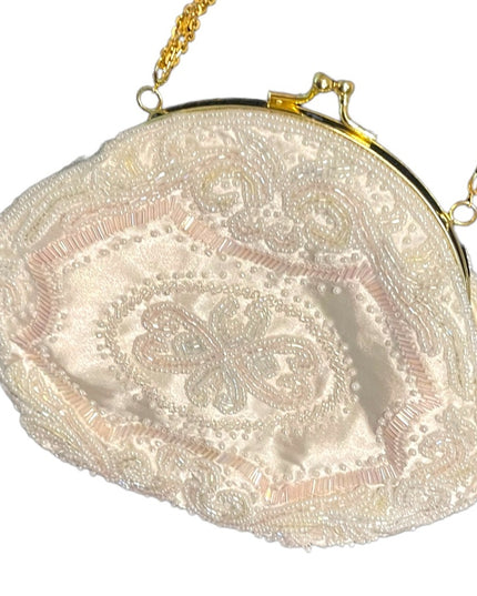 Lovely vintage white pastel pink & white micro bead purse gold shoulder strap