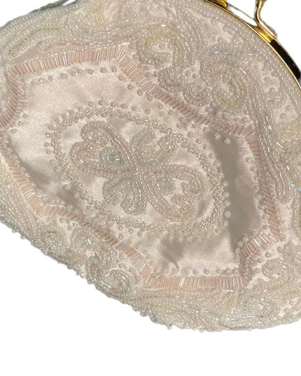 Lovely vintage white pastel pink & white micro bead purse gold shoulder strap