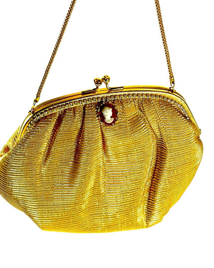 Vintage gold metalic  small mini rhinestone cameo purse wristlet
