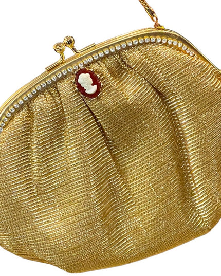 Vintage gold metalic  small mini rhinestone cameo purse wristlet