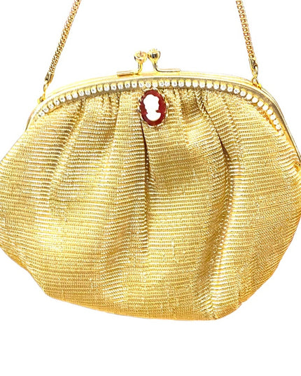 Vintage gold metalic  small mini rhinestone cameo purse wristlet
