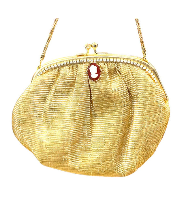 Vintage gold metalic  small mini rhinestone cameo purse wristlet
