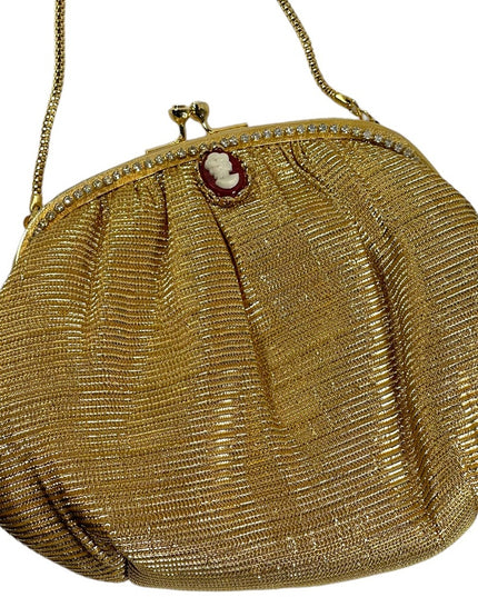 Vintage gold metalic  small mini rhinestone cameo purse wristlet