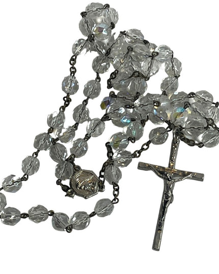 Vintage crystal crucifix rosary catholic prayer bead necklace Jesus Religious