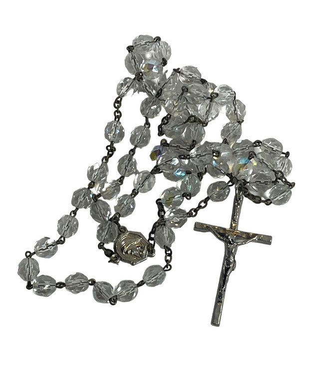 Vintage crystal crucifix rosary catholic prayer bead necklace Jesus Religious
