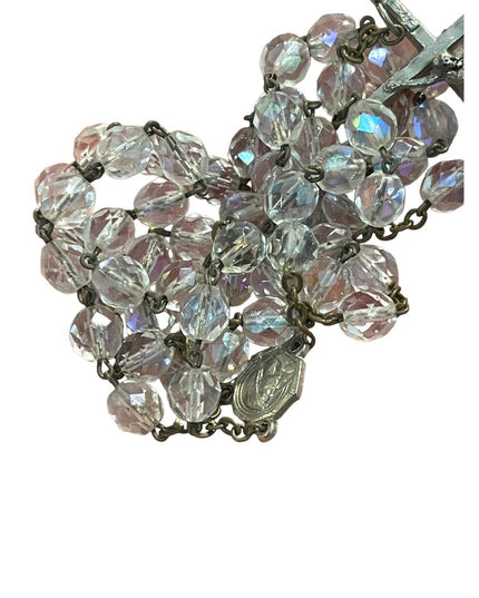 Vintage crystal crucifix rosary catholic prayer bead necklace Jesus Religious