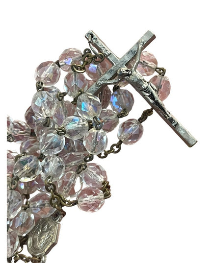 Vintage crystal crucifix rosary catholic prayer bead necklace Jesus Religious