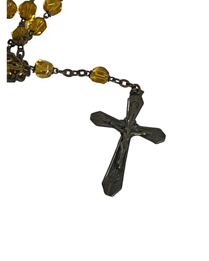 Vintage Amber glass bead crystal Crucifix necklace Catholic Rosalry religious