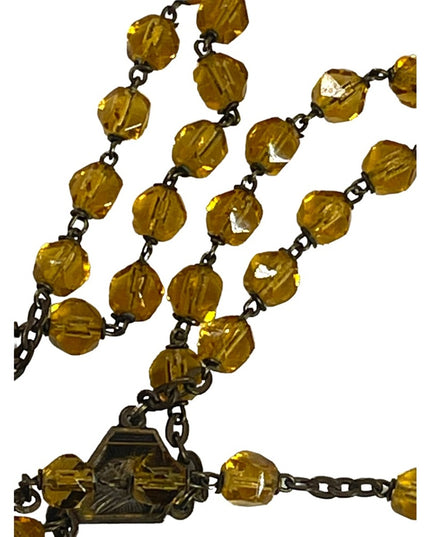 Vintage Amber glass bead crystal Crucifix necklace Catholic Rosalry religious