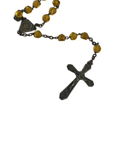 Vintage Amber glass bead crystal Crucifix necklace Catholic Rosalry religious