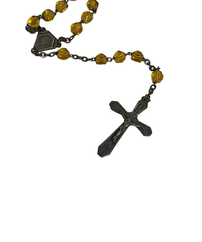 Vintage Amber glass bead crystal Crucifix necklace Catholic Rosalry religious