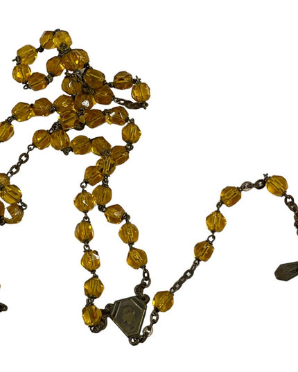 Vintage Amber glass bead crystal Crucifix necklace Catholic Rosalry religious