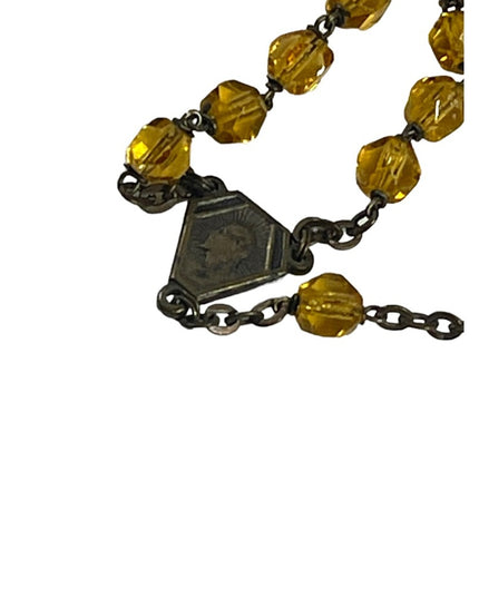 Vintage Amber glass bead crystal Crucifix necklace Catholic Rosalry religious