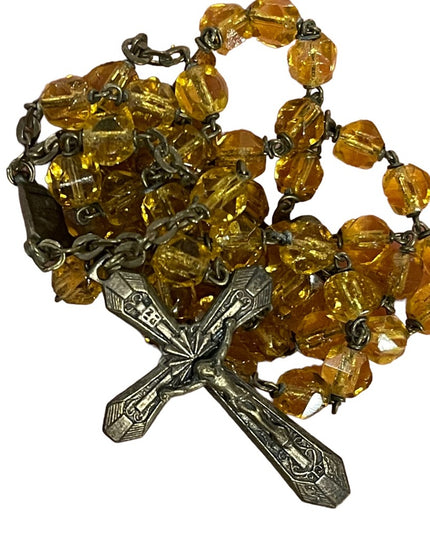 Vintage Amber glass bead crystal Crucifix necklace Catholic Rosalry religious