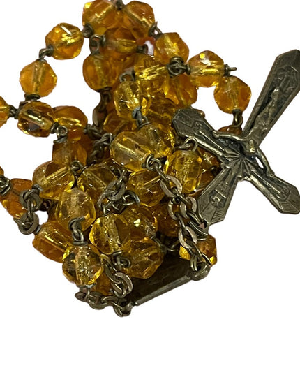 Vintage Amber glass bead crystal Crucifix necklace Catholic Rosalry religious