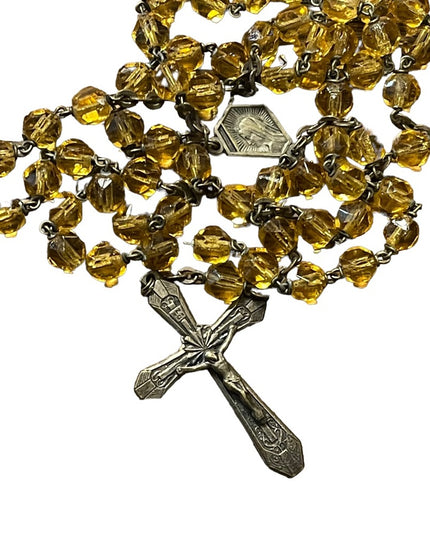 Vintage Amber glass bead crystal Crucifix necklace Catholic Rosalry religious