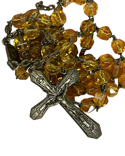 Vintage Amber glass bead crystal Crucifix necklace Catholic Rosalry religious