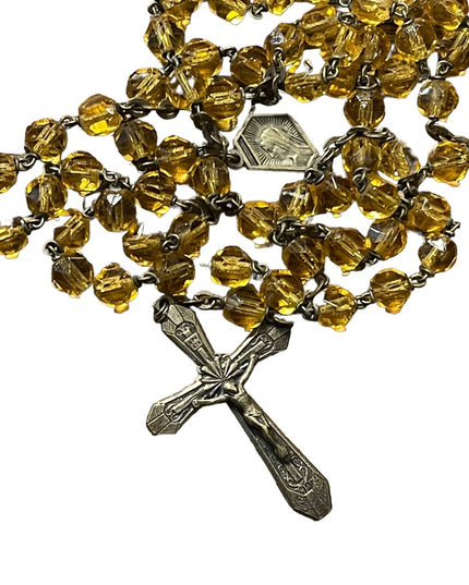 Vintage Amber glass bead crystal Crucifix necklace Catholic Rosalry religious
