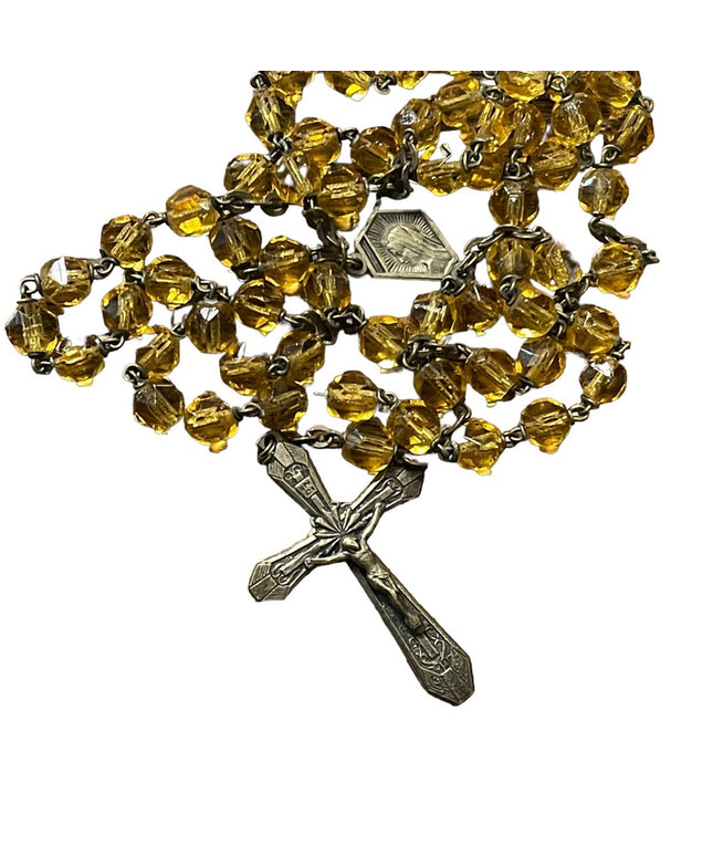 Vintage Amber glass bead crystal Crucifix necklace Catholic Rosalry religious