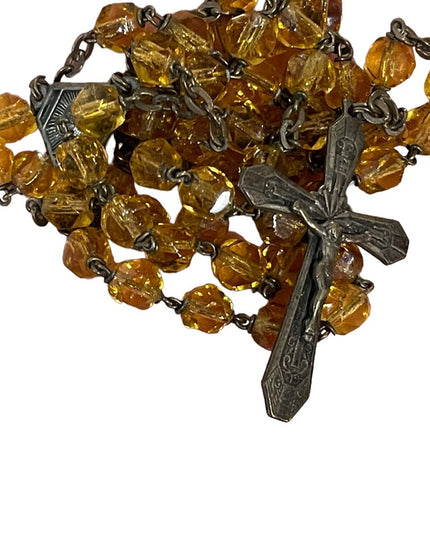 Vintage Amber glass bead crystal Crucifix necklace Catholic Rosalry religious