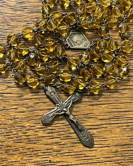Vintage Amber glass bead crystal Crucifix necklace Catholic Rosalry religious