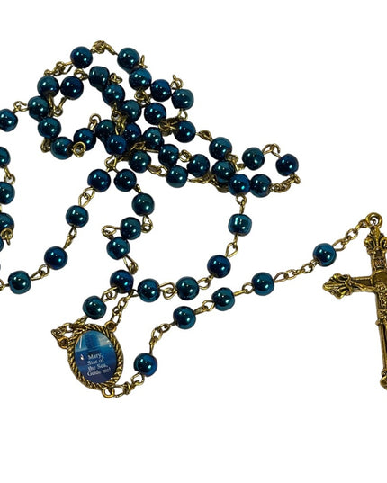 Vintage Faux blue pearl gold finish Crucifix Jesus religious rosary Catholic