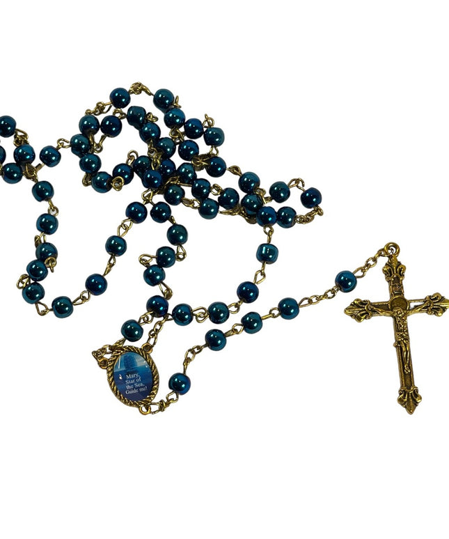 Vintage Faux blue pearl gold finish Crucifix Jesus religious rosary Catholic