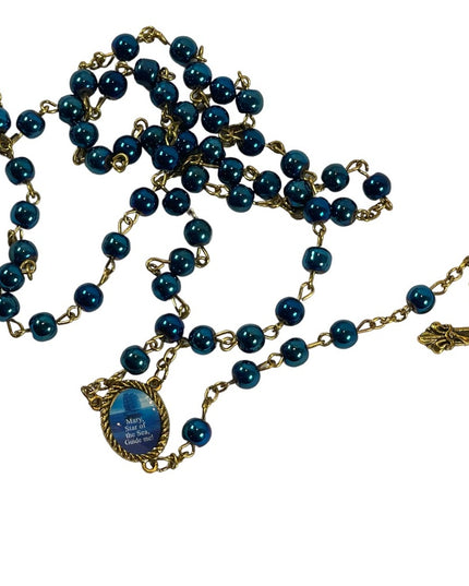 Vintage Faux blue pearl gold finish Crucifix Jesus religious rosary Catholic
