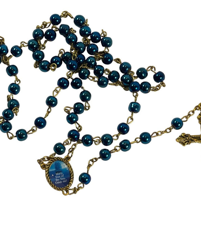 Vintage Faux blue pearl gold finish Crucifix Jesus religious rosary Catholic