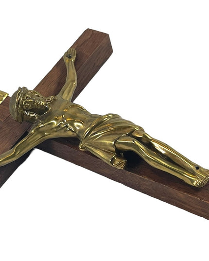 Vintage solid wood brass Jesus wall Crucifix Catholic Religious