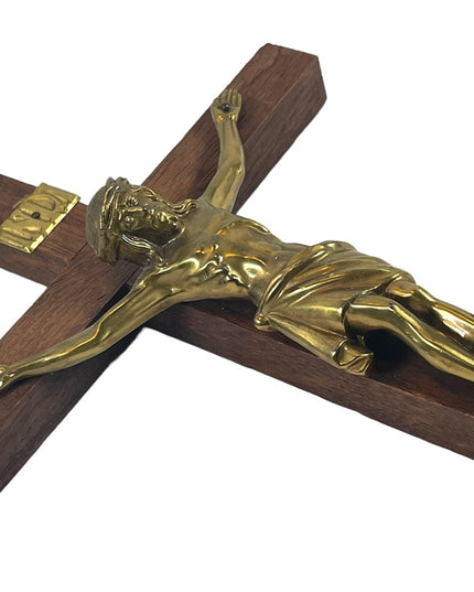 Vintage solid wood brass Jesus wall Crucifix Catholic Religious