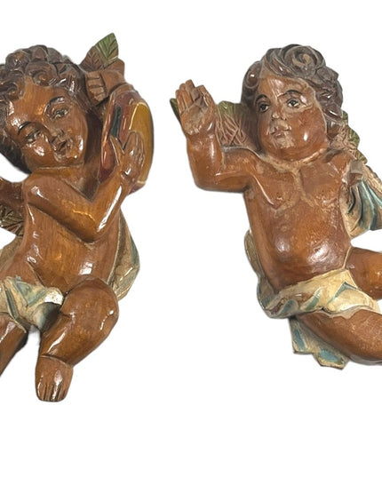 Antique Hand Carved solid wood  Italy Italian Angels wall hanging Angel x 2 pc