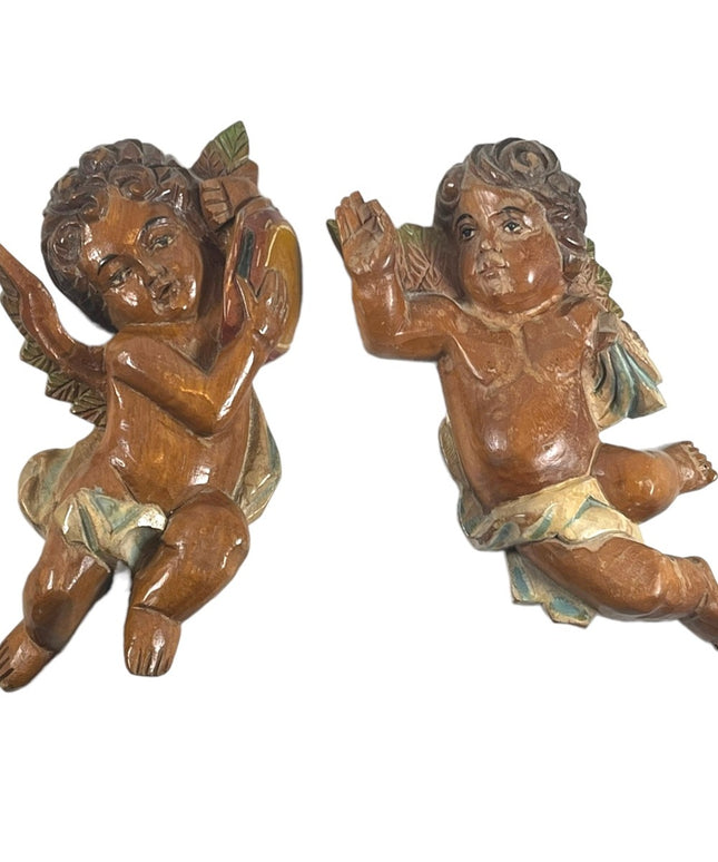 Antique Hand Carved solid wood  Italy Italian Angels wall hanging Angel x 2 pc